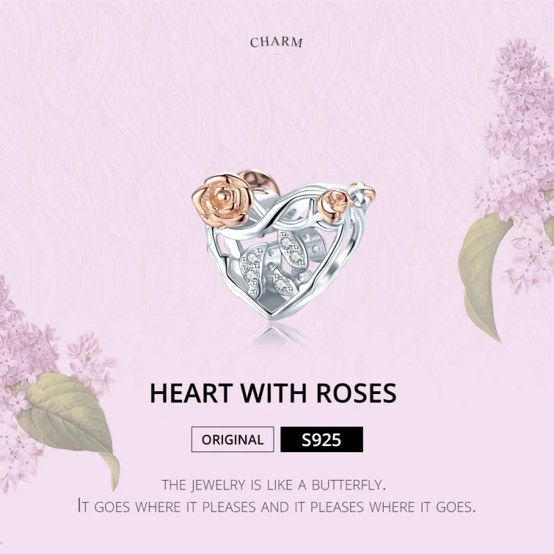 (image for) Pandora Style Two Tone Heart With Roses Charm - BSC280 - View 6