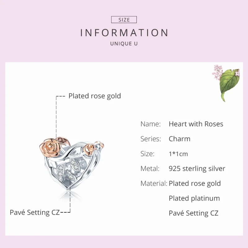 (image for) Pandora Style Two Tone Heart With Roses Charm - BSC280 - View 7