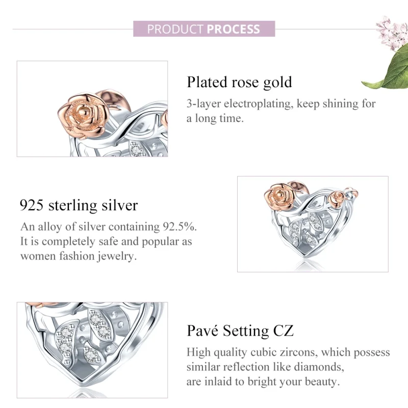 (image for) Pandora Style Two Tone Heart With Roses Charm - BSC280 - View 8