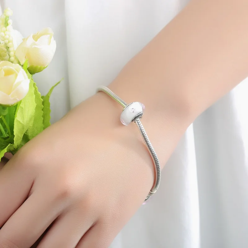 (image for) Pandora Style White Murano Glass Pink Stones Charm - SCZ004 - View 6