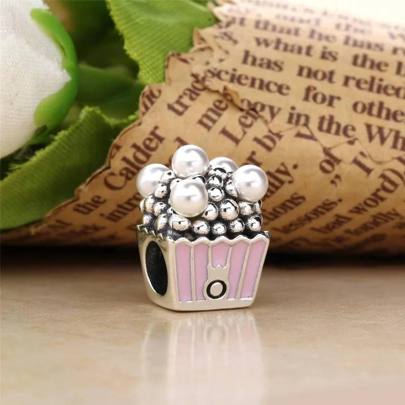 (image for) PANDORA Delicious Popcorn Charm, Pale Pink Enamel & White Crystal Pearls - 79721 - View 3