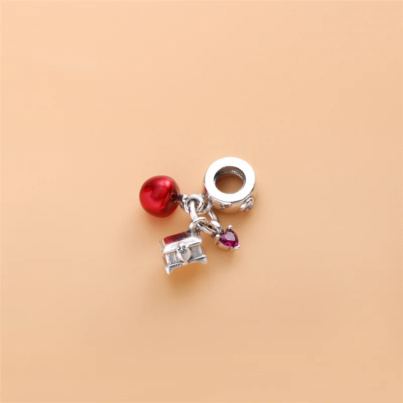(image for) PANDORA Disney, Snow White's Apple & Heart Dangle Charm, Red & Green CZ & Red En - View 3