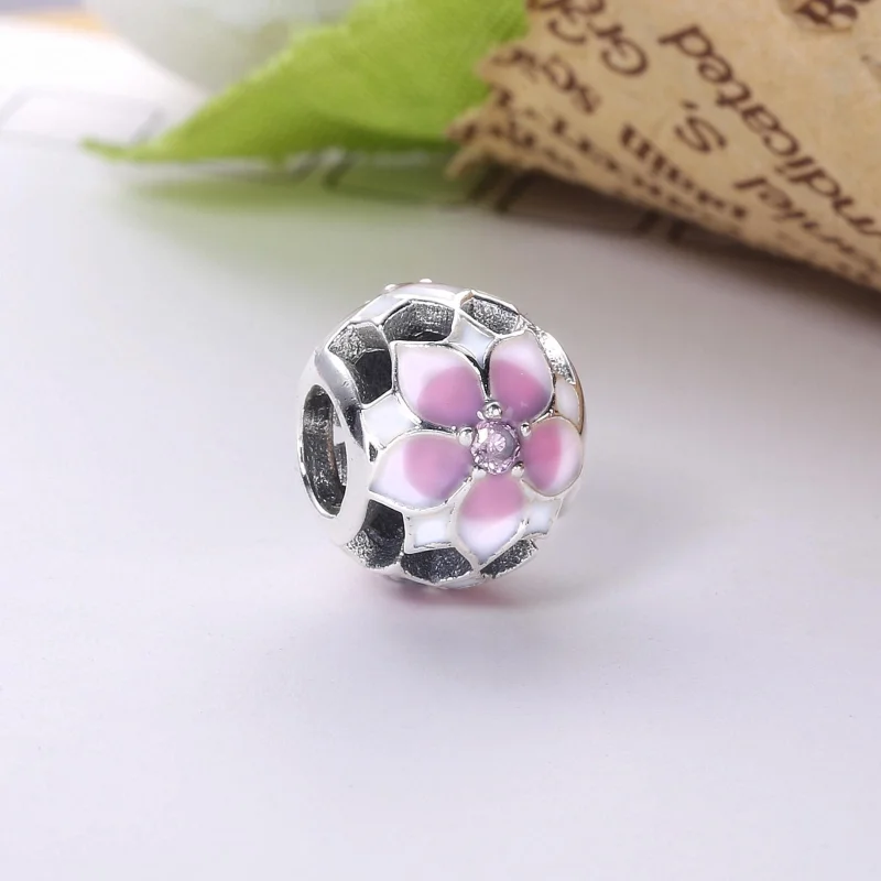 (image for) PANDORA Magnolia Bloom Pale Cerise Enamel Pink CZ Charm - 792087PCZ - View 2