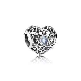 PANDORA March Signature Heart Charm, Aqua Blue Crystal - 791784NAB