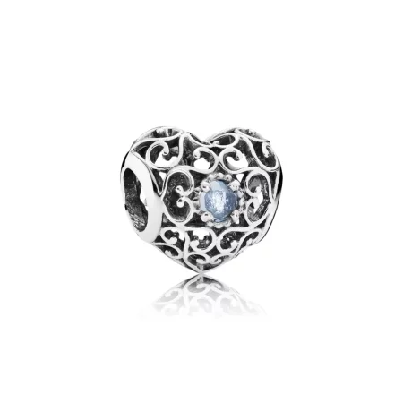 PANDORA March Signature Heart Charm, Aqua Blue Crystal - 791784NAB