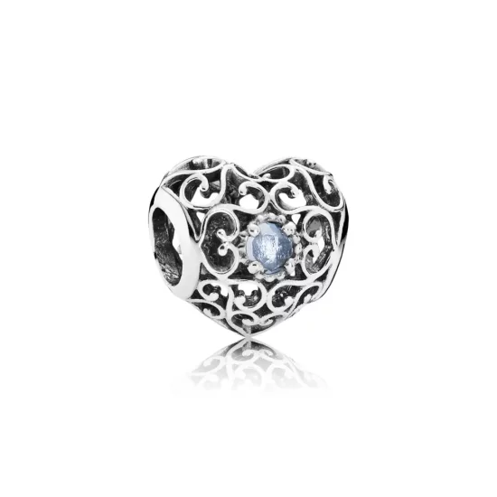 PANDORA March Signature Heart Charm, Aqua Blue Crystal - 791784NAB