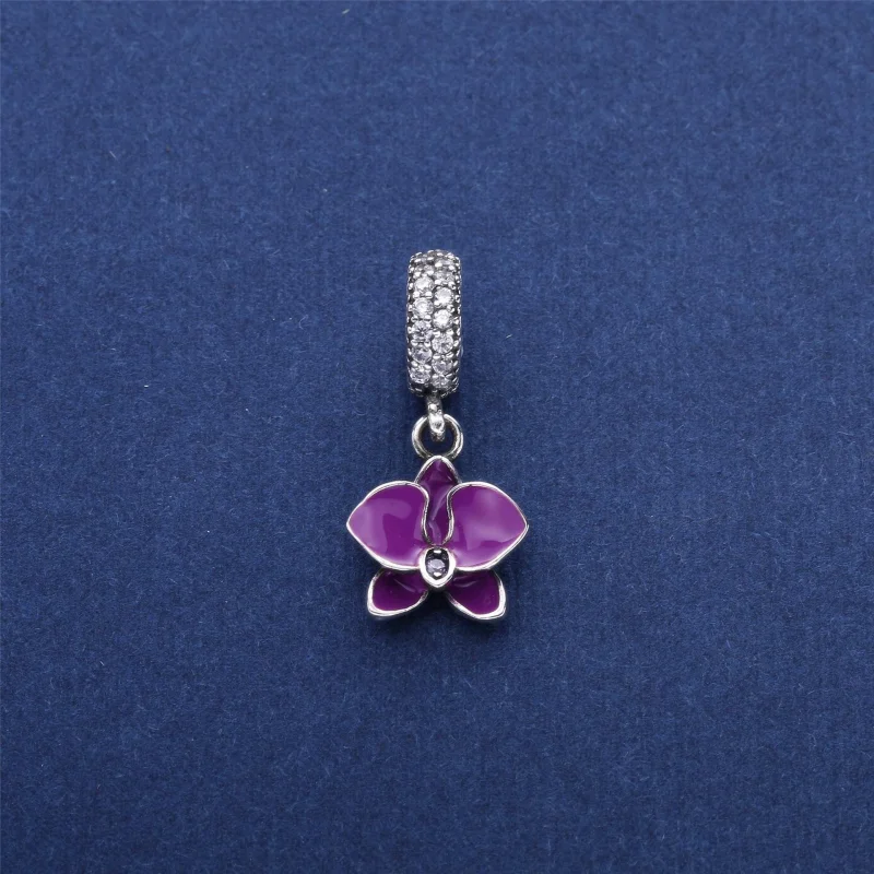 (image for) PANDORA Orchid, White Enamel, Clear Orchid CZ Dangle Charm - 791554EN12 - View 2