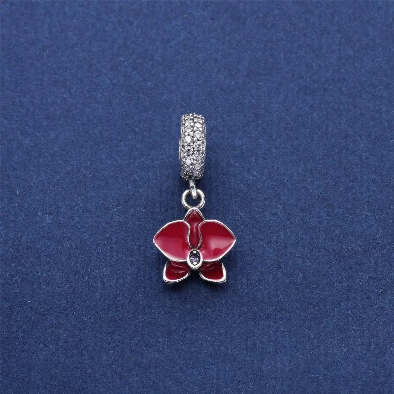 (image for) PANDORA Orchid, White Enamel, Clear Orchid CZ Dangle Charm - 791554EN12 - View 3