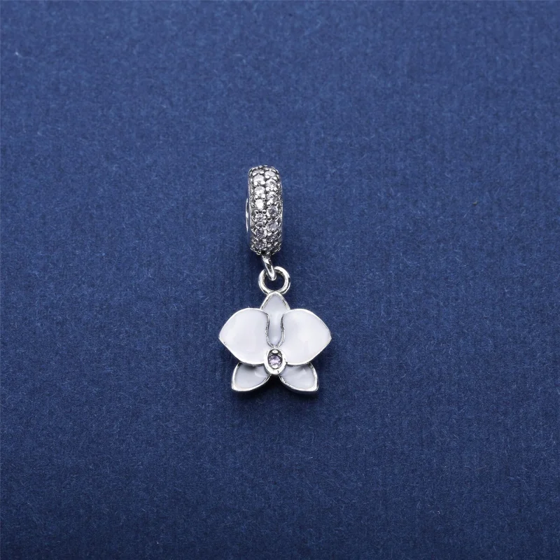 (image for) PANDORA Orchid, White Enamel, Clear Orchid CZ Dangle Charm - 791554EN12 - View 4