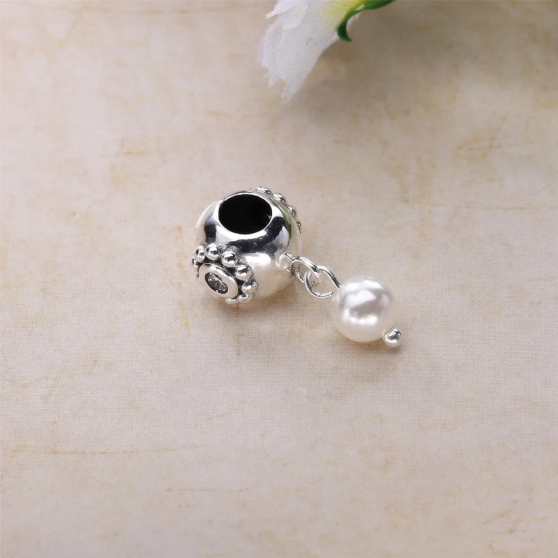 (image for) PANDORA Pearl of wisdom Dangle, white pearl clear cz - 790873P - View 3