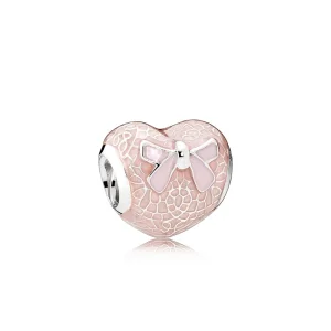 (image for) PANDORA Pink Bow Lace Heart Charm, Transparent Misty Rose Soft Pink Enamel - 792044ENMX
