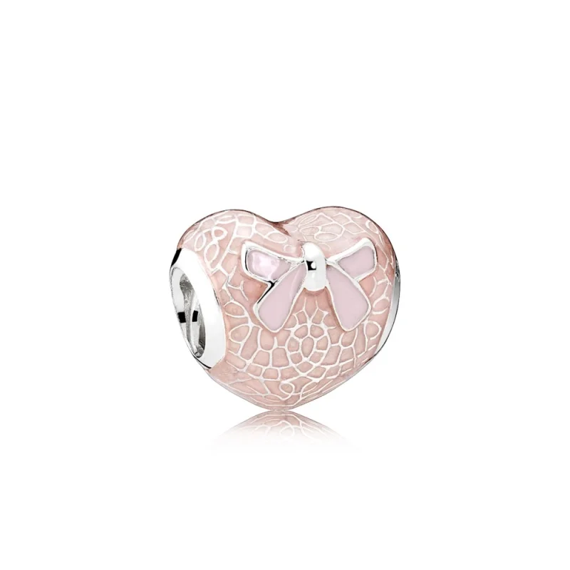 (image for) PANDORA Pink Bow Lace Heart Charm, Transparent Misty Rose Soft Pink Enamel - 792044ENMX - Product Image