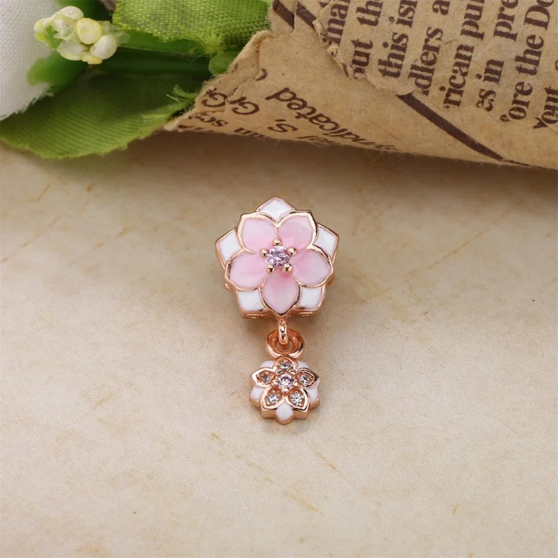 (image for) PANDORA Rose Gold Magnolia Bloom Pale Cerise Enamel Pink Clear CZ Da Dangle - 79 - View 3