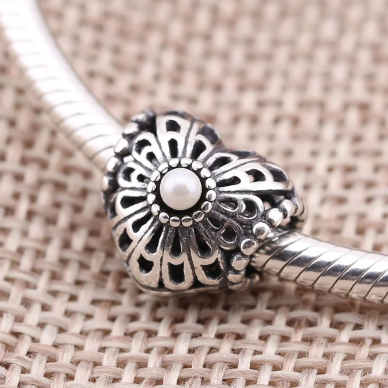 (image for) PANDORA Vintage Heart, White Pearl Charm - 750822P - View 3