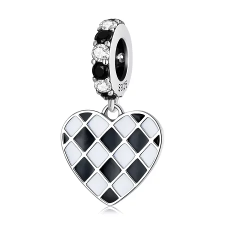 Pandora Style Black and White Grid Love Dangle - SCC2178
