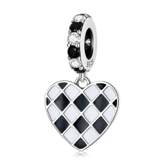 Pandora Style Black and White Grid Love Dangle - SCC2178