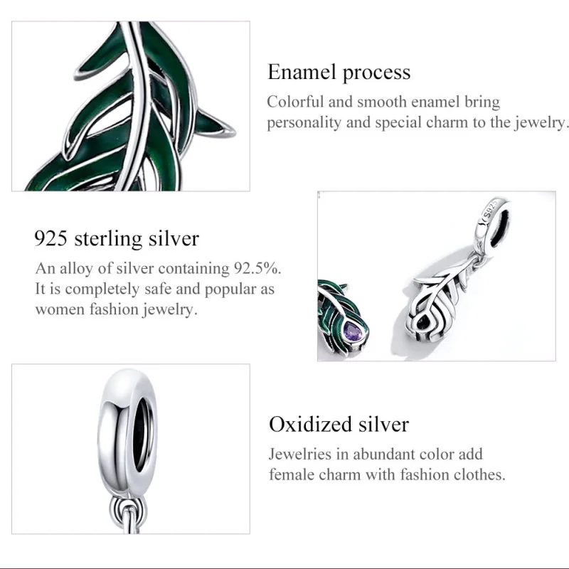 (image for) Pandora Style Silver Peacok Feather Dangle - SCC1704 - View 7