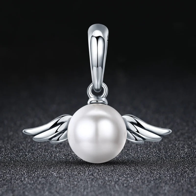 (image for) Pandora Style Silver Pearl Angel Wings Dangle - SCC381 - View 2