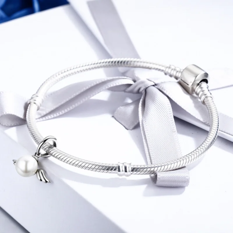 (image for) Pandora Style Silver Pearl Angel Wings Dangle - SCC381 - View 4