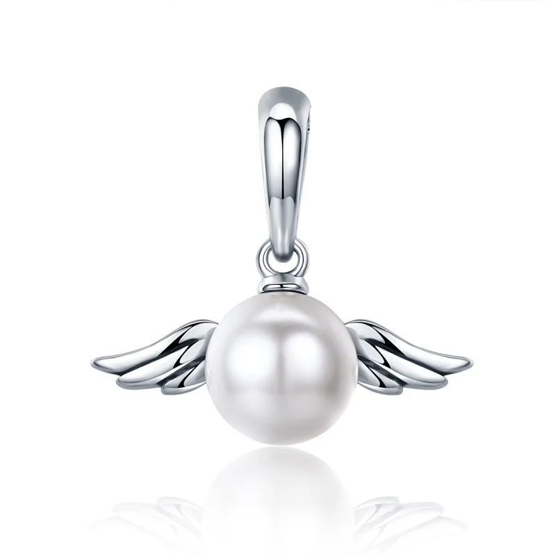 (image for) Pandora Style Silver Pearl Angel Wings Dangle - SCC381 - Product Image