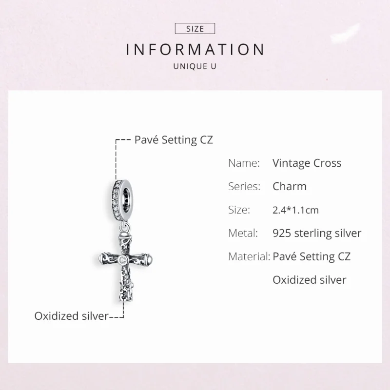 (image for) Pandora Style Silver Vintage Cross Dangle - BSC313 - View 6