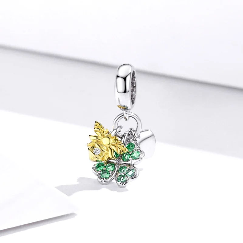 (image for) Pandora Style Two Tone Bicolor Clover With Bee Dangle - BSC303 - View 2