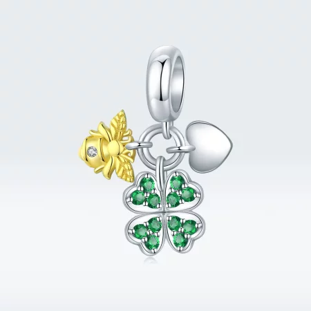Pandora Style Two Tone Bicolor Clover With Bee Dangle - BSC303