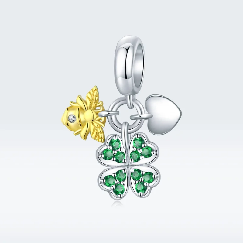 (image for) Pandora Style Two Tone Bicolor Clover With Bee Dangle - BSC303 - View 5