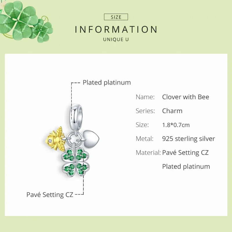 (image for) Pandora Style Two Tone Bicolor Clover With Bee Dangle - BSC303 - View 6