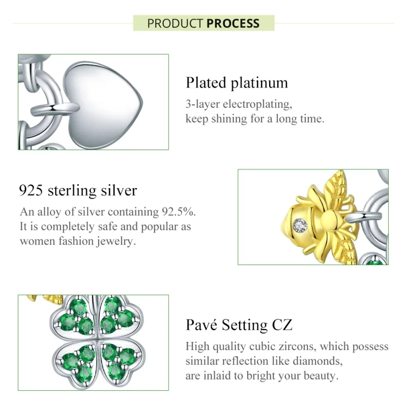 (image for) Pandora Style Two Tone Bicolor Clover With Bee Dangle - BSC303 - View 7