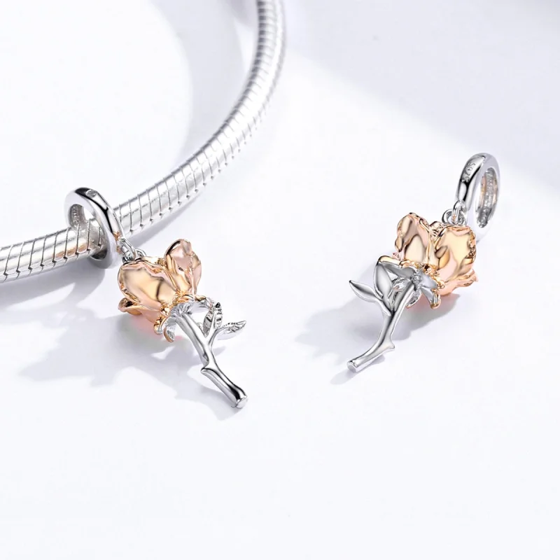 (image for) Pandora Style Two Tone Bicolor Lover Rose Two Color Flowers Dangle - BSC145 - View 4