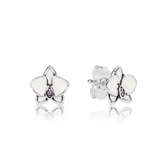 PANDORA Orchids, White Enamel Clear CZ Stud Earrings - 290749EN12