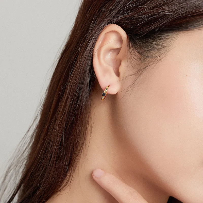 (image for) Pandora Style 18ct Gold Plated Black Ball Hoop Earrings - SCE1050-BK - View 4