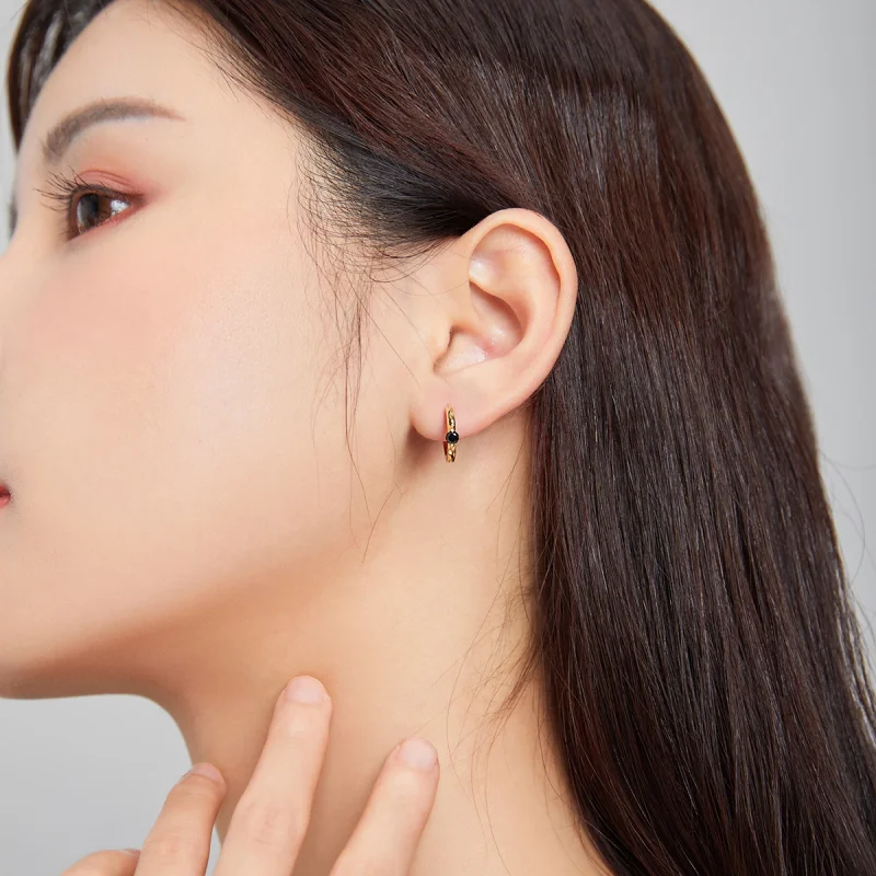 (image for) Pandora Style 18ct Gold Plated Black Ball Hoop Earrings - SCE1050-BK - View 5