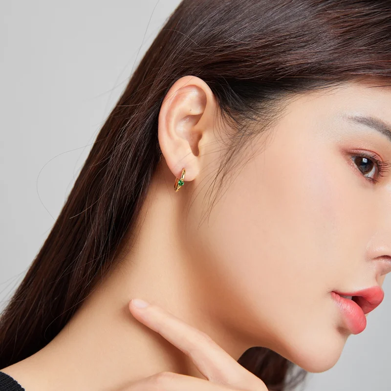 (image for) Pandora Style 18ct Gold Plated green zircon Hoop Earrings - SCE1050-GN - View 4