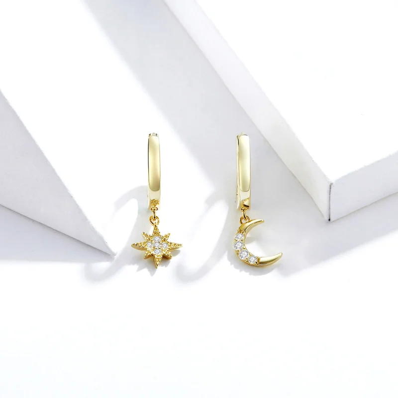 (image for) Pandora Style 18ct Gold Plated Moon & Star Dangle Earrings - SCE785 - View 3