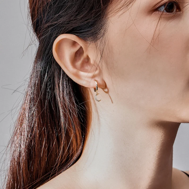 (image for) Pandora Style 18ct Gold Plated Moon & Star Dangle Earrings - SCE785 - View 5