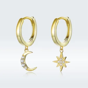 (image for) Pandora Style 18ct Gold Plated Moon & Star Dangle Earrings - SCE785