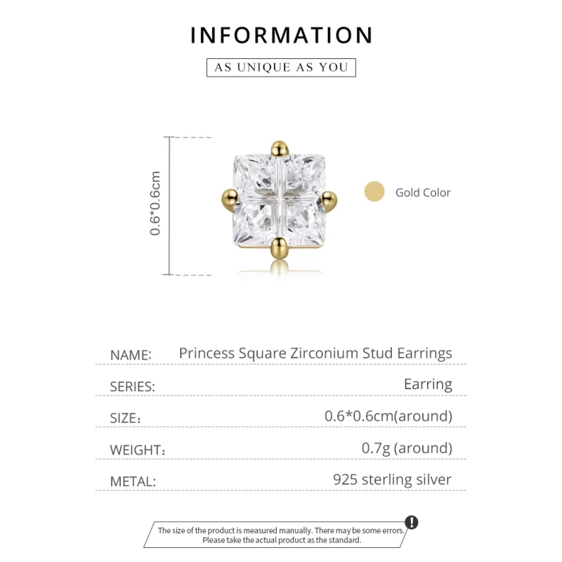 (image for) Pandora Style 18ct Gold Plated Princess Square Zirconium Stud Earrings - SCE1090 - View 2