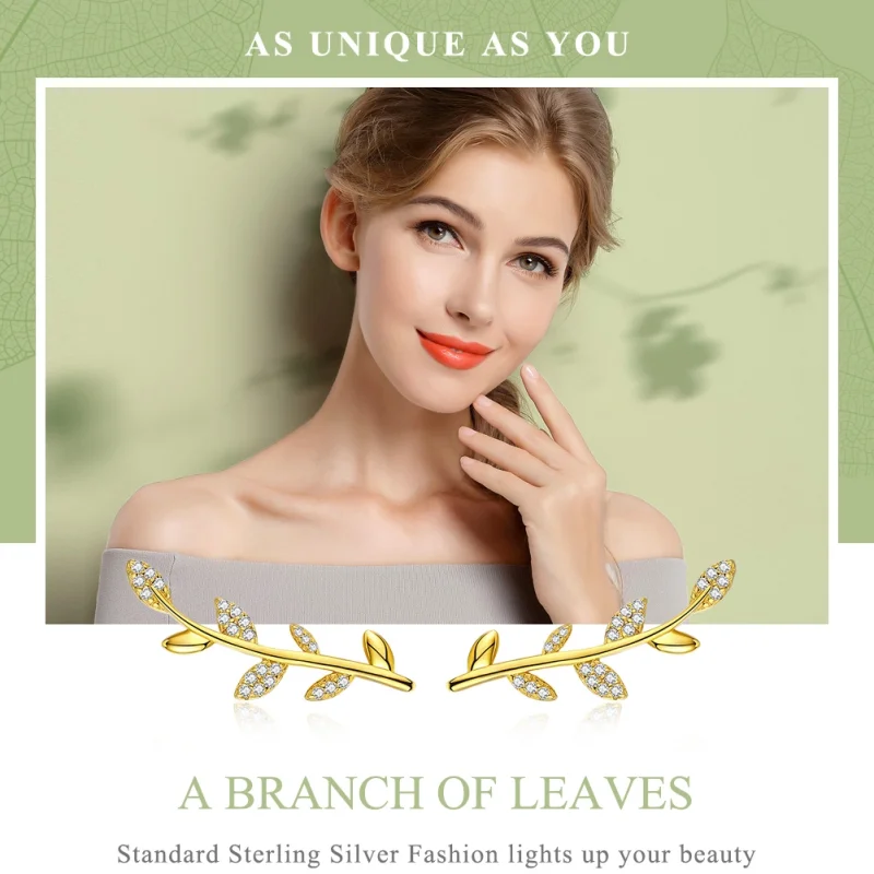 (image for) Pandora Style Gold-Plated Branch of Leaves Stud Earrings - SCE556 - View 3