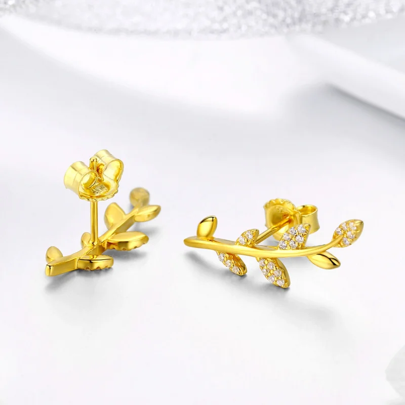 (image for) Pandora Style Gold-Plated Branch of Leaves Stud Earrings - SCE556 - View 4