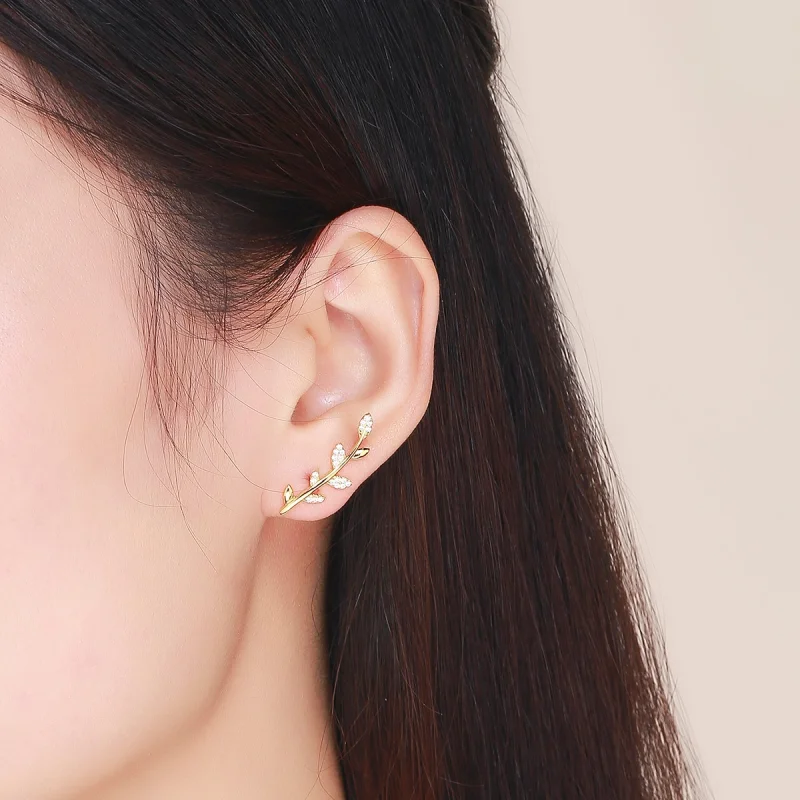 (image for) Pandora Style Gold-Plated Branch of Leaves Stud Earrings - SCE556 - View 5