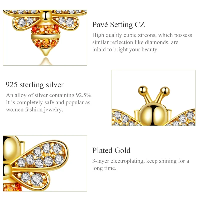 (image for) Pandora Style Gold-Plated Reiki Bee Stud Earrings - SCE344-B - View 3