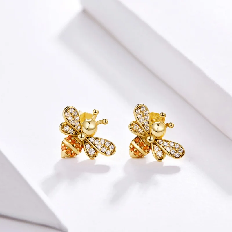 (image for) Pandora Style Gold-Plated Reiki Bee Stud Earrings - SCE344-B - View 2