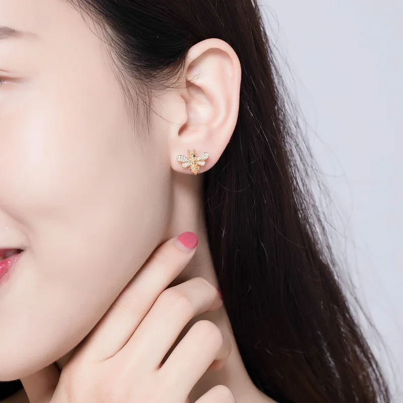 (image for) Pandora Style Gold-Plated Reiki Bee Stud Earrings - SCE344-B - View 5