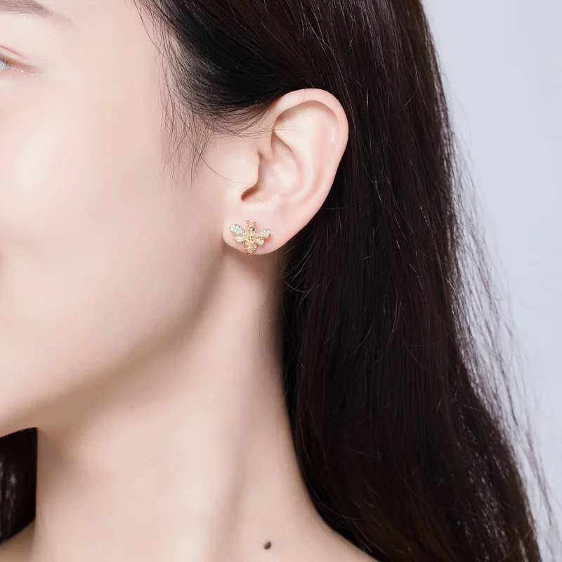 (image for) Pandora Style Gold-Plated Reiki Bee Stud Earrings - SCE344-B - View 6