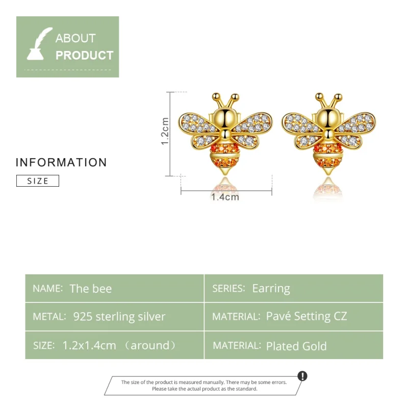 (image for) Pandora Style Gold-Plated Reiki Bee Stud Earrings - SCE344-B - View 7