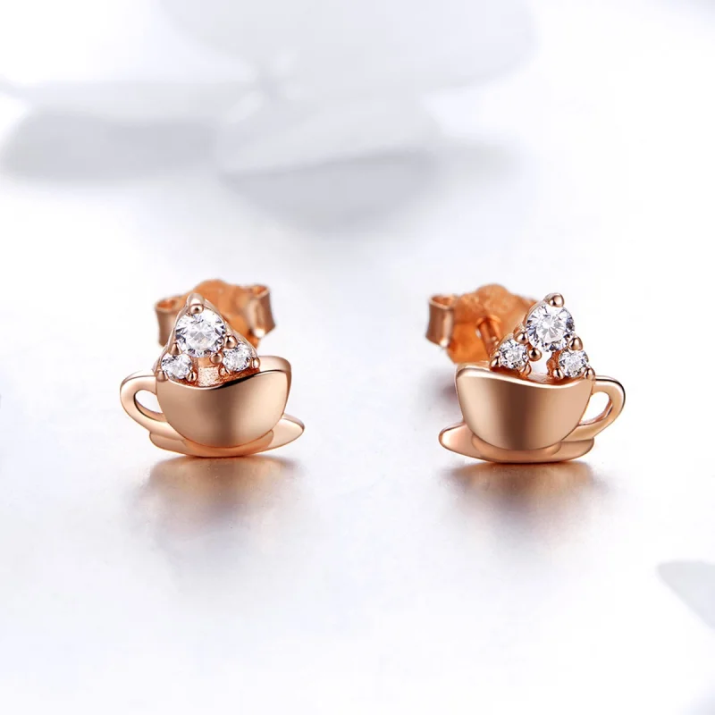 (image for) Pandora Style Rose Gold Afternoon Coffee Stud Earrings - SCE592 - View 4