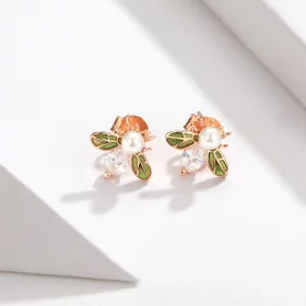 Pandora Style Rose Gold Bee Form with Pearl Stud Earrings - SCE643 Pandora Style Rose Gold Bee Form with Pearl Stud Earrings - SCE643