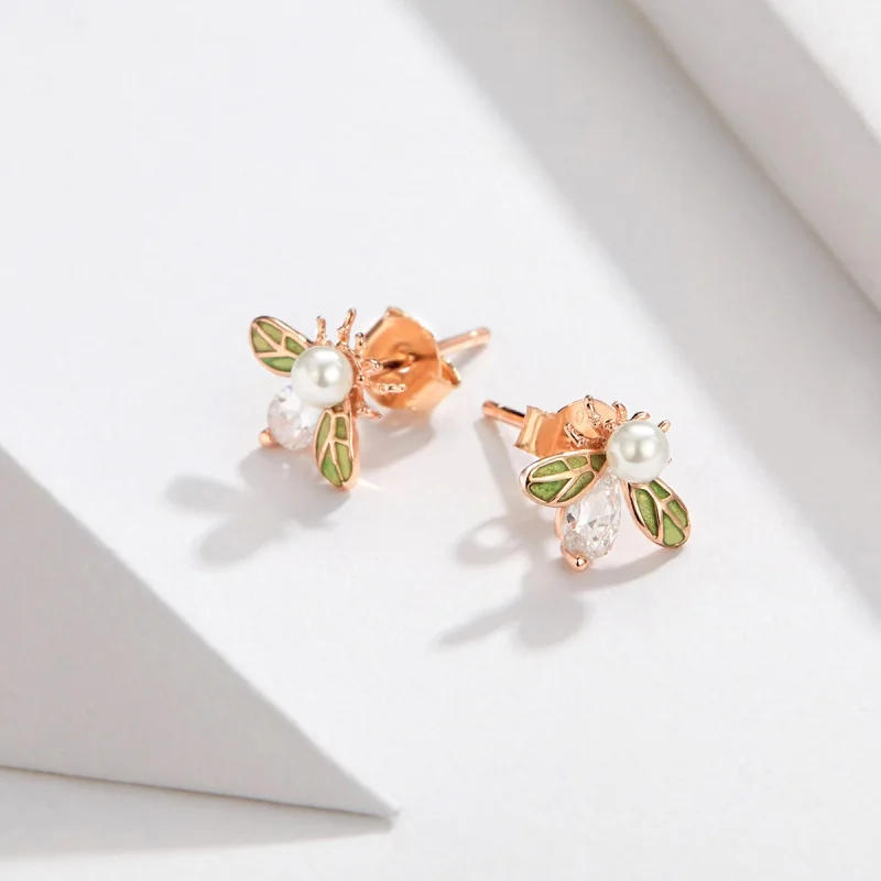 (image for) Pandora Style Rose Gold Bee Form with Pearl Stud Earrings - SCE643 - View 5